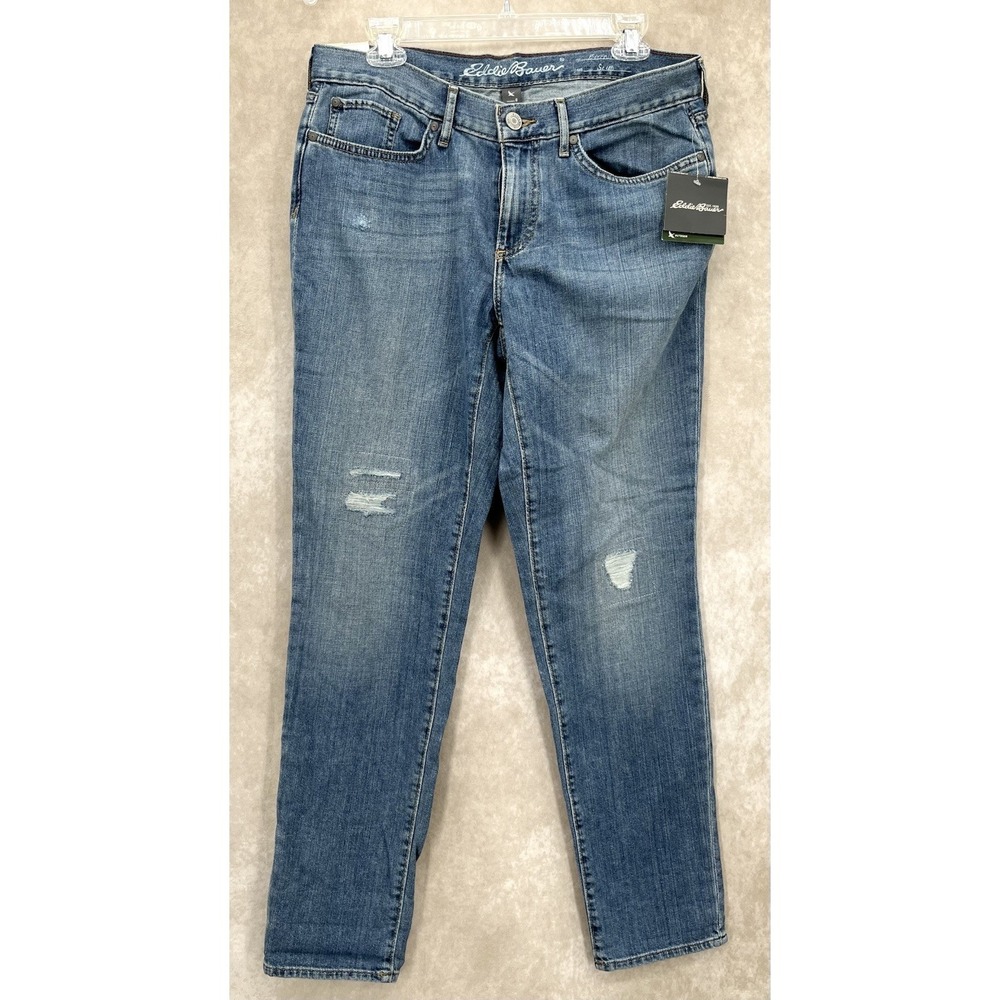 Eddie Bauer Boyfriend Jeans Womens Size 8 Distressed Denim Mid Rise Stretch NWT